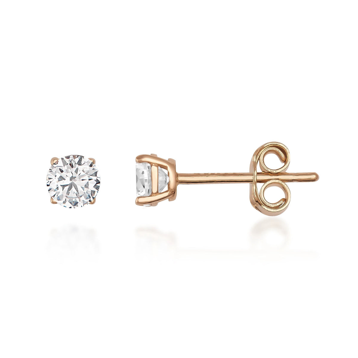 Orecchini a lobo con pietra da 4 mm in oro rosa 14kt con topazio bianco, vista frontale e laterale su sfondo bianco