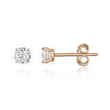 Orecchini a lobo con pietra da 4 mm in oro rosa 14kt con topazio bianco, vista frontale e laterale su sfondo bianco