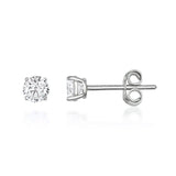 Orecchini a lobo con pietra da 4 mm in oro bianco 14kt con topazio bianco, vista frontale e laterale su sfondo bianco