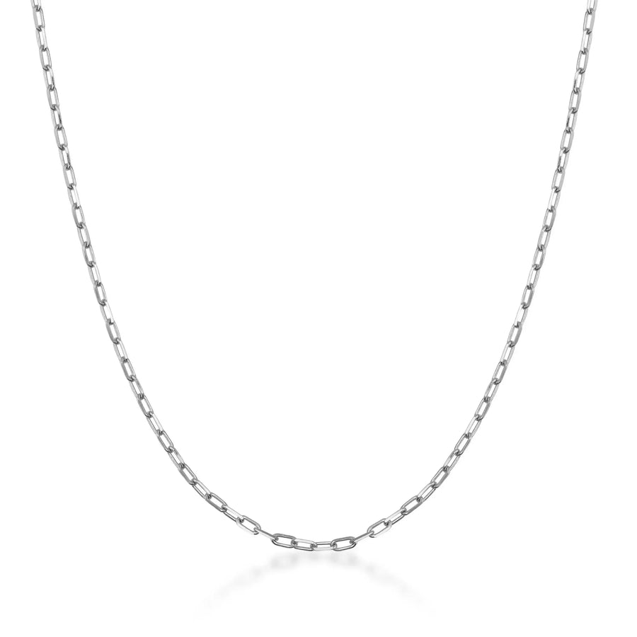 Chaîne fine maille paperclip en or blanc 14 carats sur fond blanc