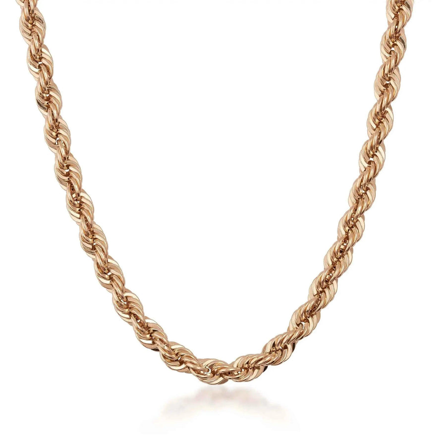 14K rose gold rope chain necklace on white background