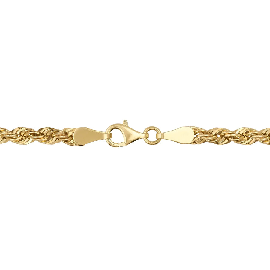 Close-up of lobster clasp on 14K yellow gold rope chain necklace