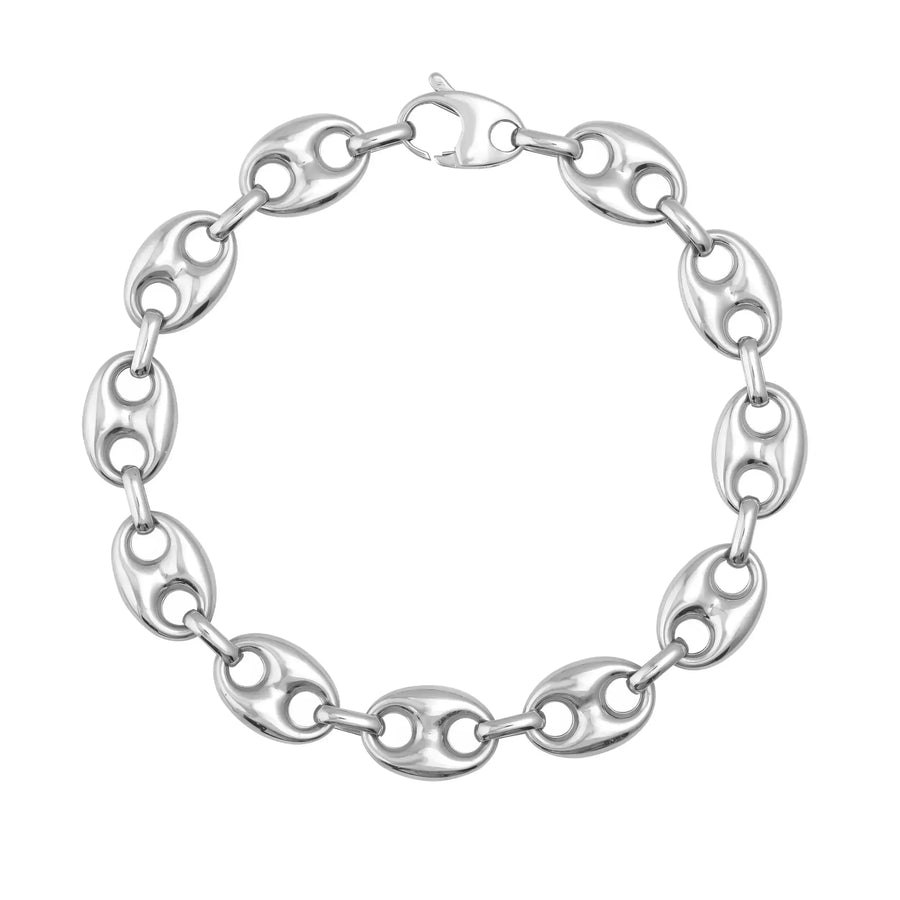Bracciale a maglia marina in oro bianco 14kt disteso su sfondo bianco