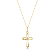 Collier pendentif croix ajourée en or jaune 14 carats, centre en oxyde de zirconium, sur fond blanc