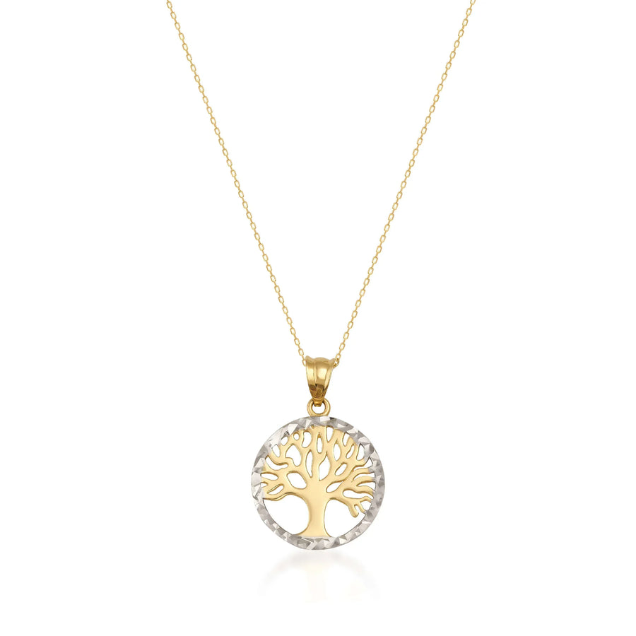 Collier pendentif arbre de vie bicolore en or jaune et or blanc 14 carats sur fond blanc