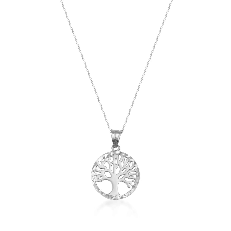 Collier pendentif arbre de vie en or blanc 14 carats sur fond blanc