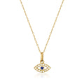 Collier mauvais œil en or jaune 14 carats avec saphir bleu de synthèse sur fond blanc