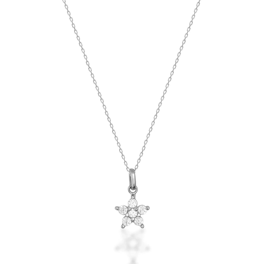 Collana con ciondolo fiore a stella con zirconi in oro bianco 14kt su sfondo bianco