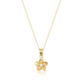 Collier pendentif fleur de frangipanier en or jaune 14 carats sur fond blanc, vue de face