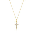 14K yellow gold dainty CZ cross necklace on white background