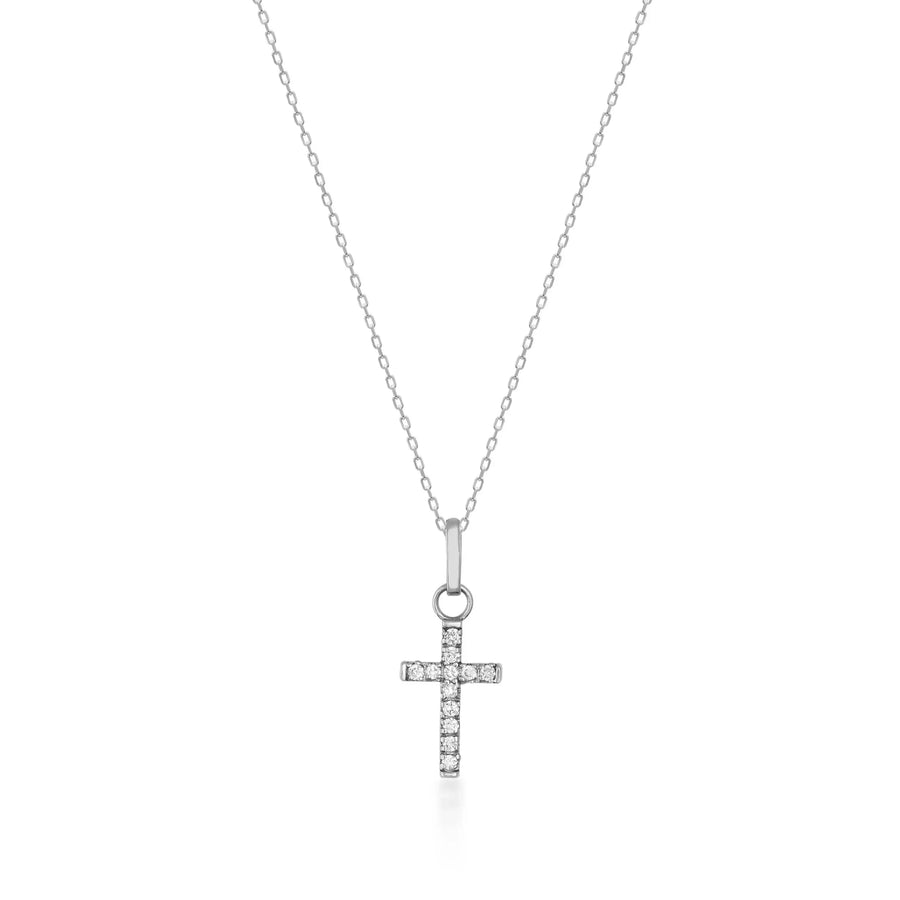 14K white gold dainty CZ cross necklace on white background