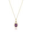 Collana con ciondolo halo in oro giallo 14kt con ametista creata in laboratorio su sfondo bianco
