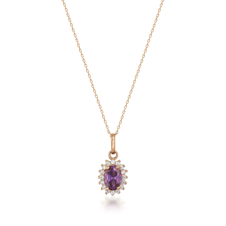 Collana con ciondolo halo in oro rosa 14kt con ametista creata in laboratorio su sfondo bianco