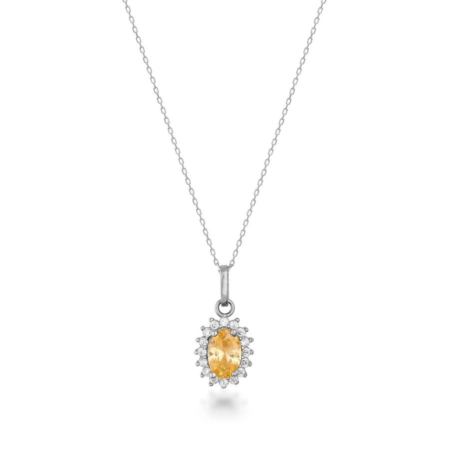 Collana con ciondolo halo in oro bianco 14kt con citrino creato in laboratorio su sfondo bianco