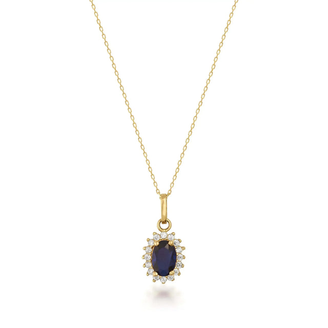 Collier halo saphir de synthèse en or 14 carats