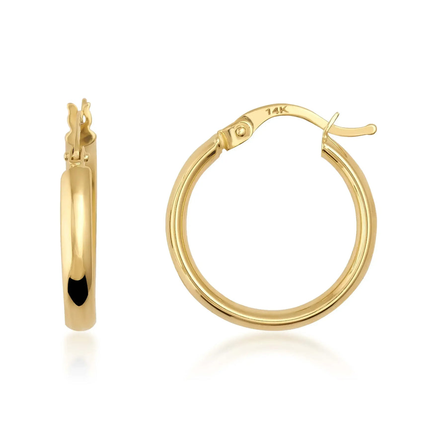 Orecchini a cerchio piccoli classici in oro giallo 14kt, vista laterale e frontale su sfondo bianco