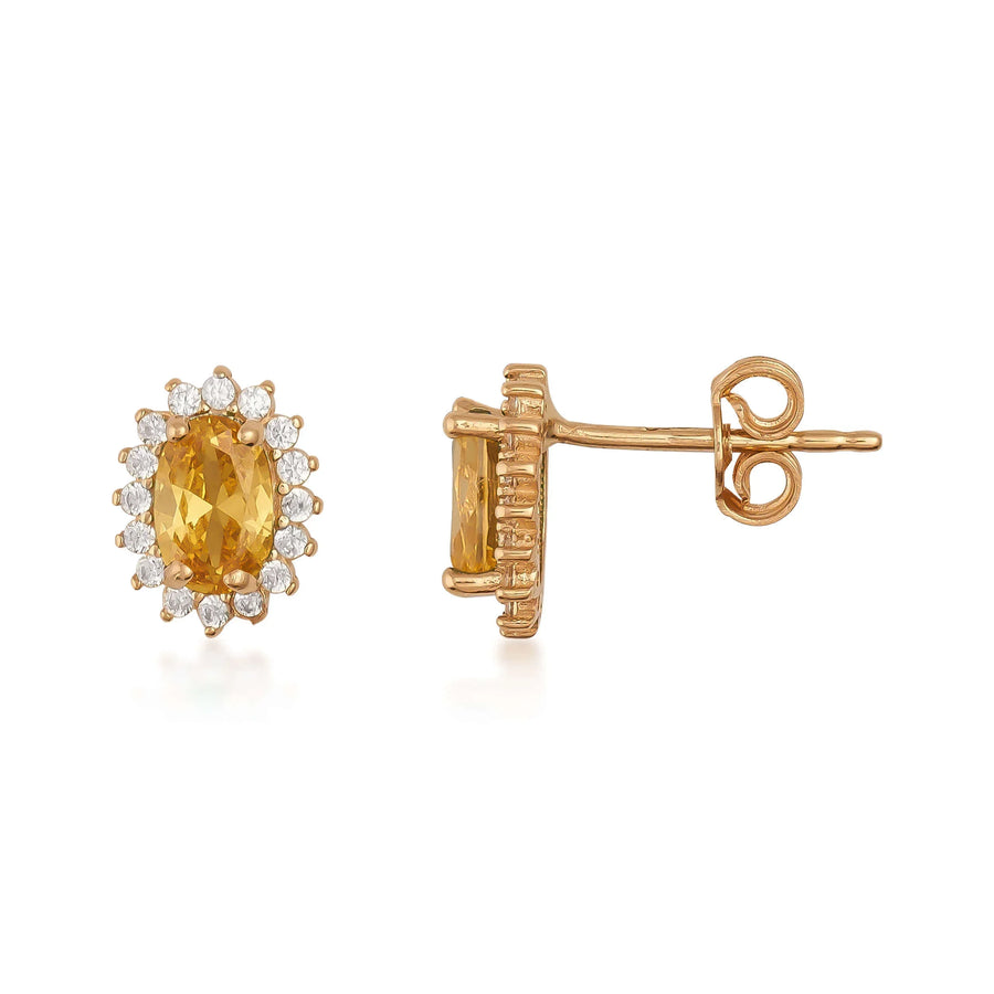 14K rose gold lab-grown citrine halo stud earrings, front and side view on white