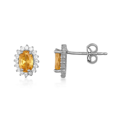 November Birthstone – Citrine Oval Stud Earrings - Halo CZ - Heon Jewelry