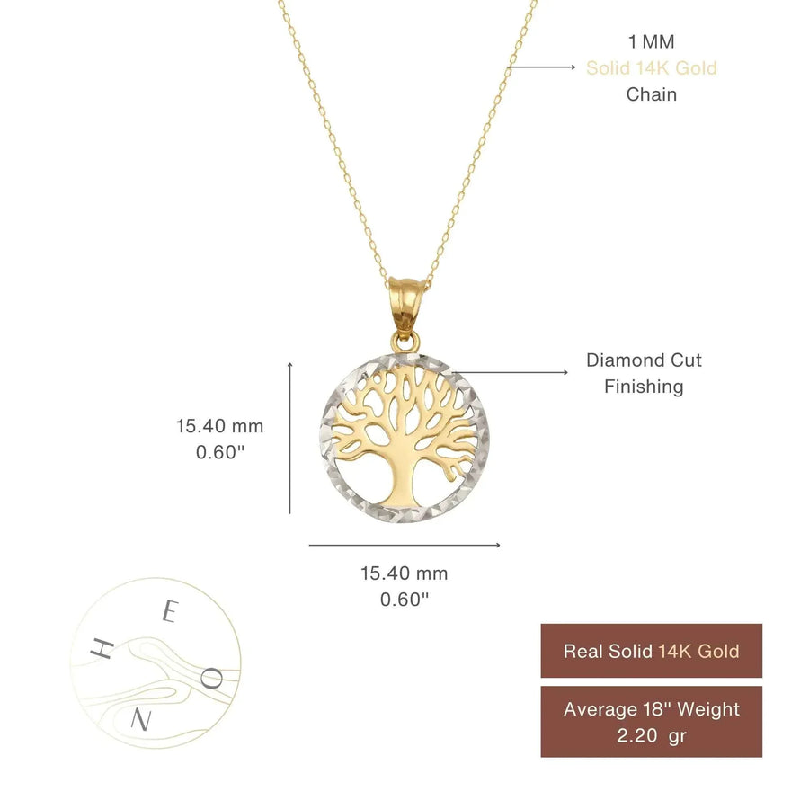 Tableau des tailles du collier pendentif arbre de vie bicolore en or 14 carats : pendentif de 15,40 mm et chaîne de 1 mm