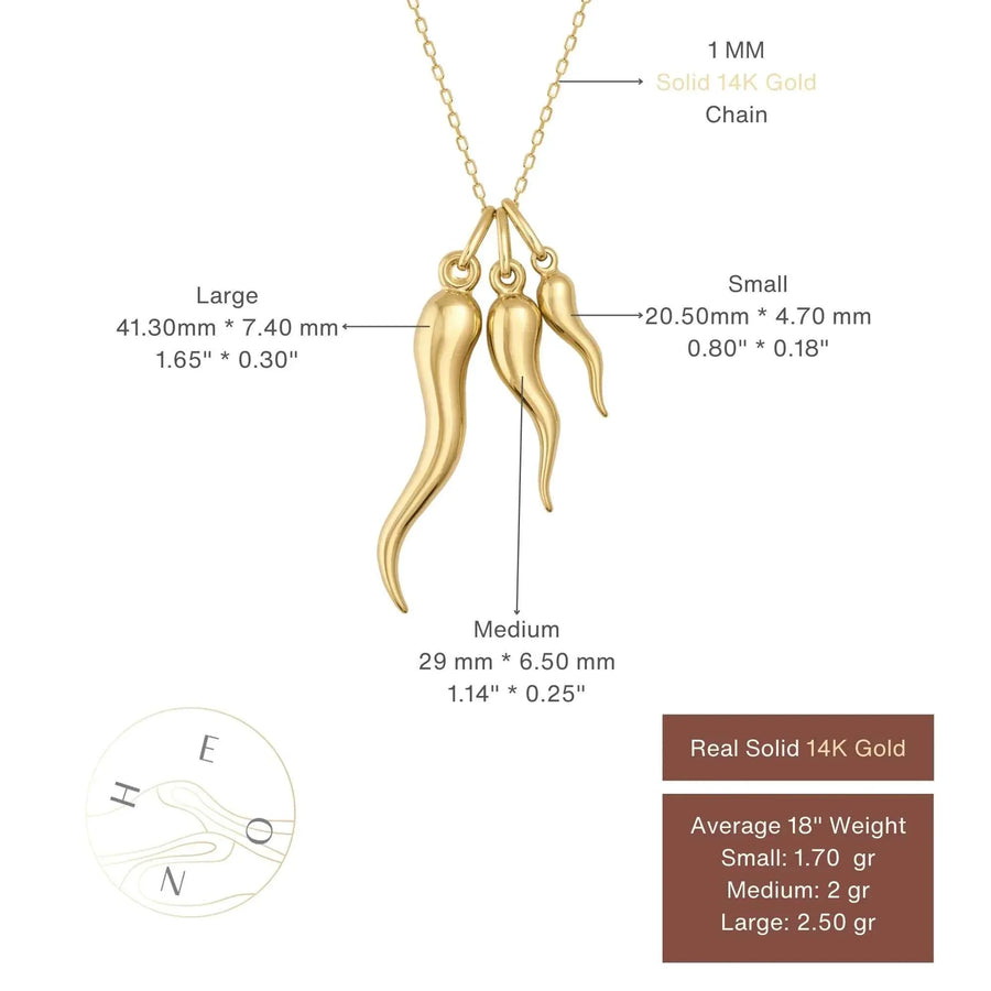 Tableau des tailles du collier pendentif corne italienne (cornicello) en or 14 carats : petit 20,50 mm, moyen 29 mm, grand 41,30 mm
