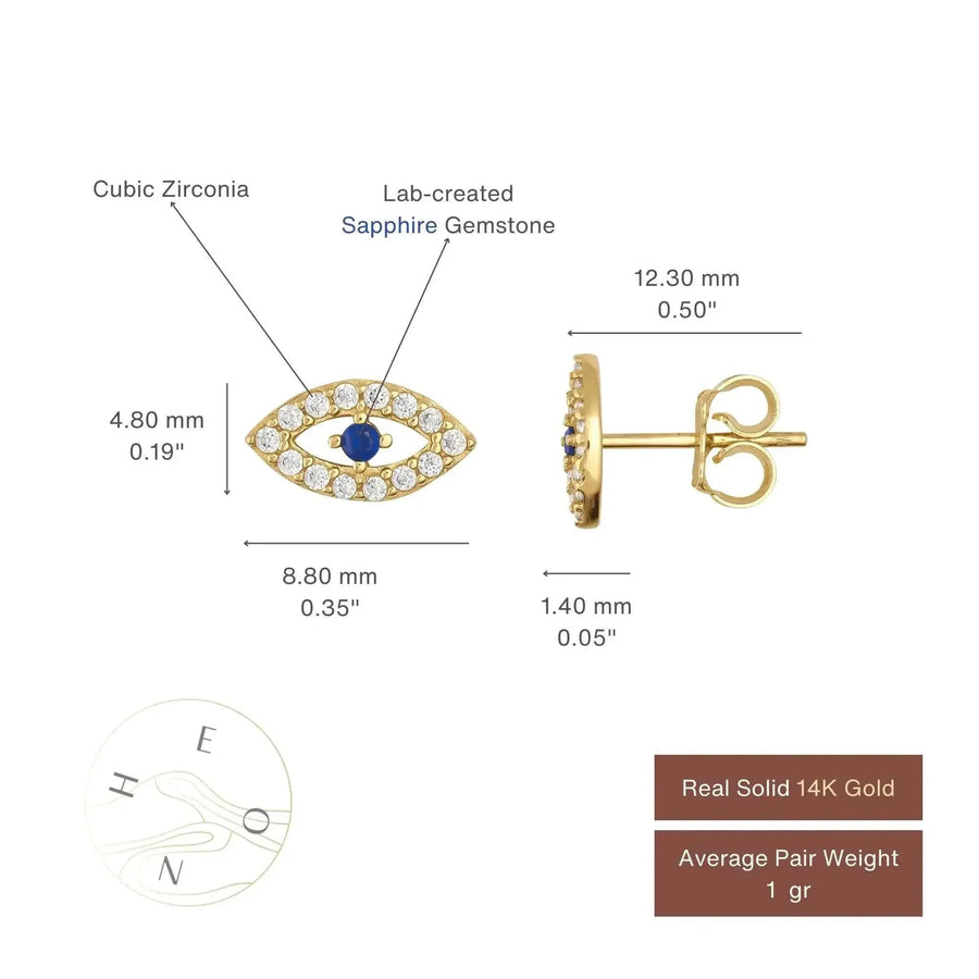 Tabella misure degli orecchini a lobo occhio turco in oro giallo 14kt, 4,80 mm x 8,80 mm, con zaffiro creato in laboratorio