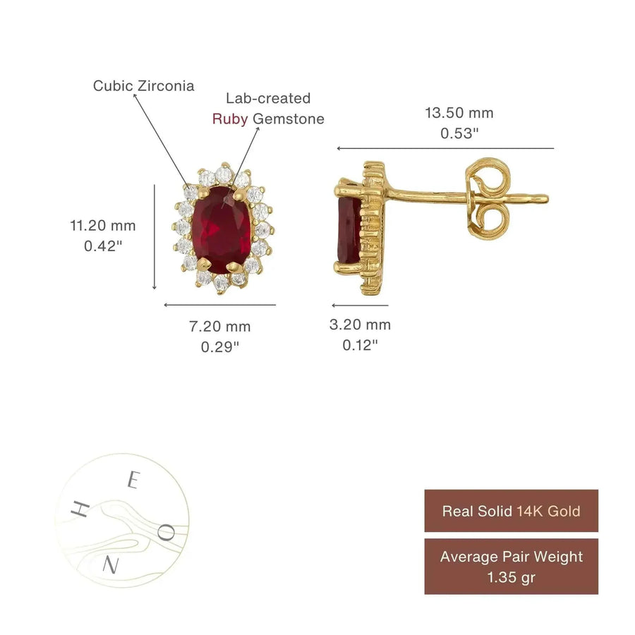 Tableau des tailles des puces d'oreilles halo rubis de synthèse en or jaune 14 carats : face de 11,20 mm sur 7,20 mm