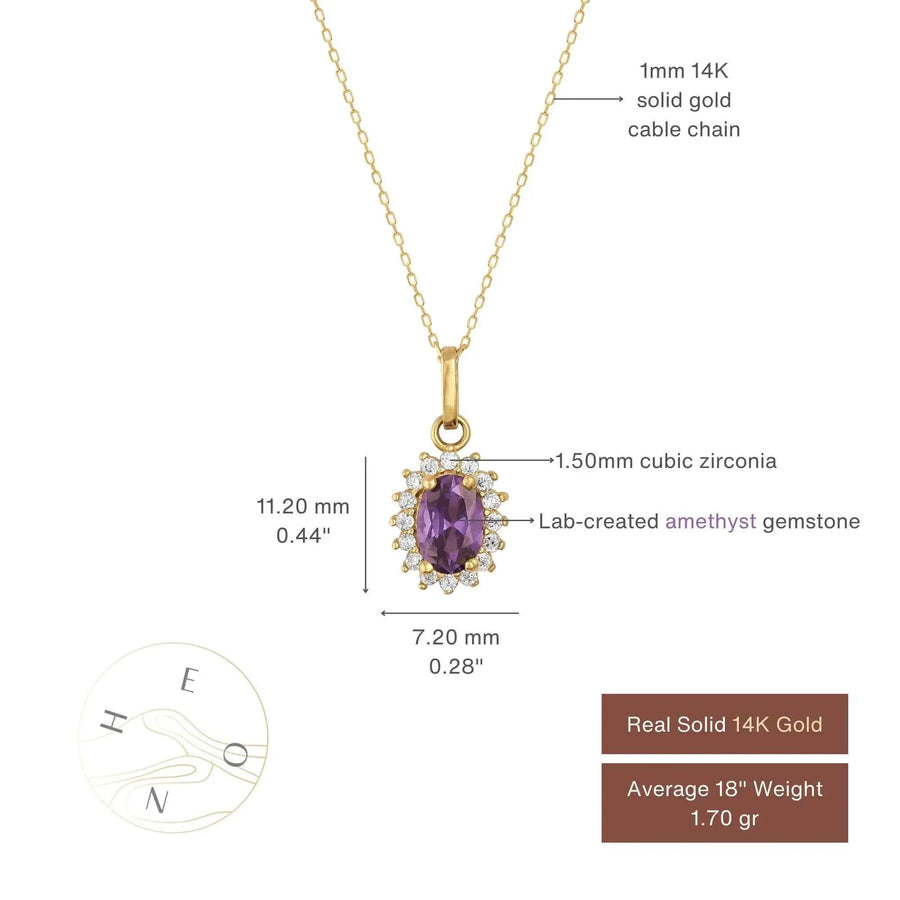 Tabella misure della collana con ciondolo halo in oro 14kt con ametista creata in laboratorio: ciondolo 11,20 x 7,20 mm con halo di zirconi, catena da 1 mm