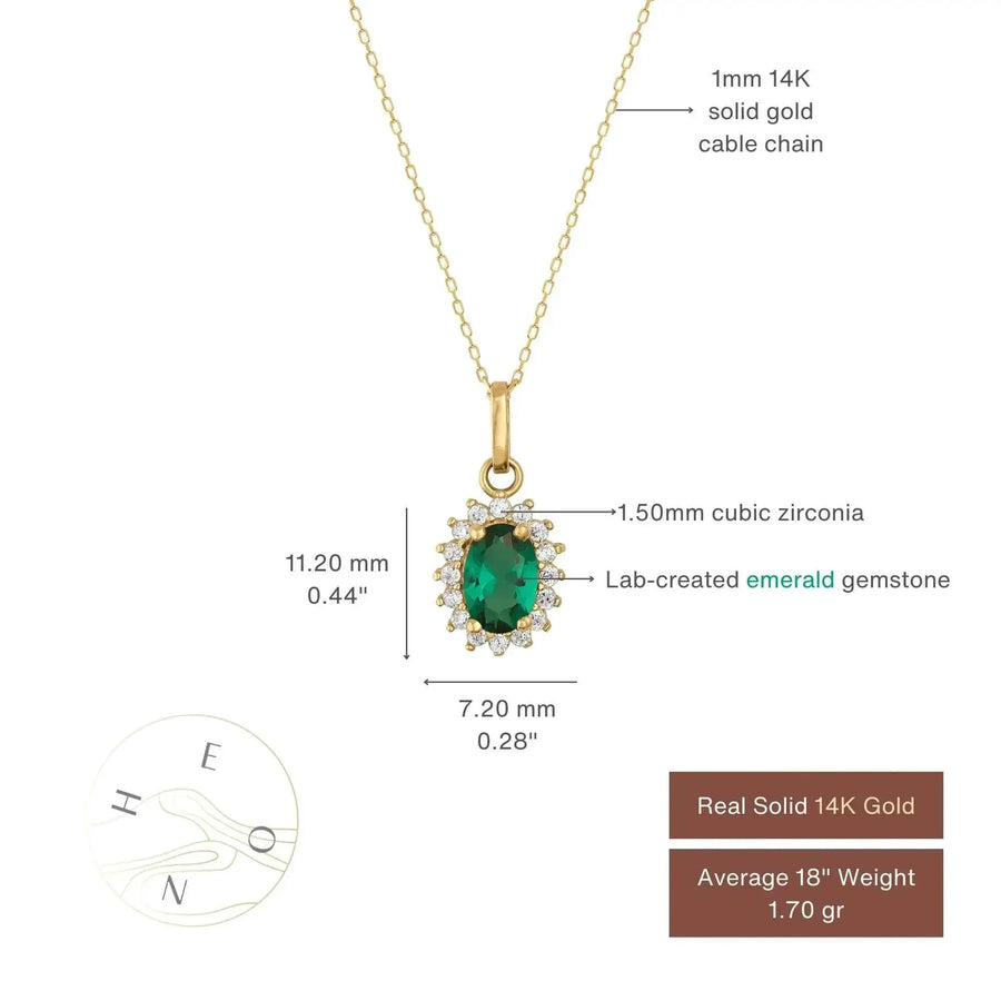 Tabella misure della collana con ciondolo halo in oro 14kt con smeraldo creato in laboratorio: ciondolo 11,20 x 7,20 mm con halo di zirconi, catena da 1 mm