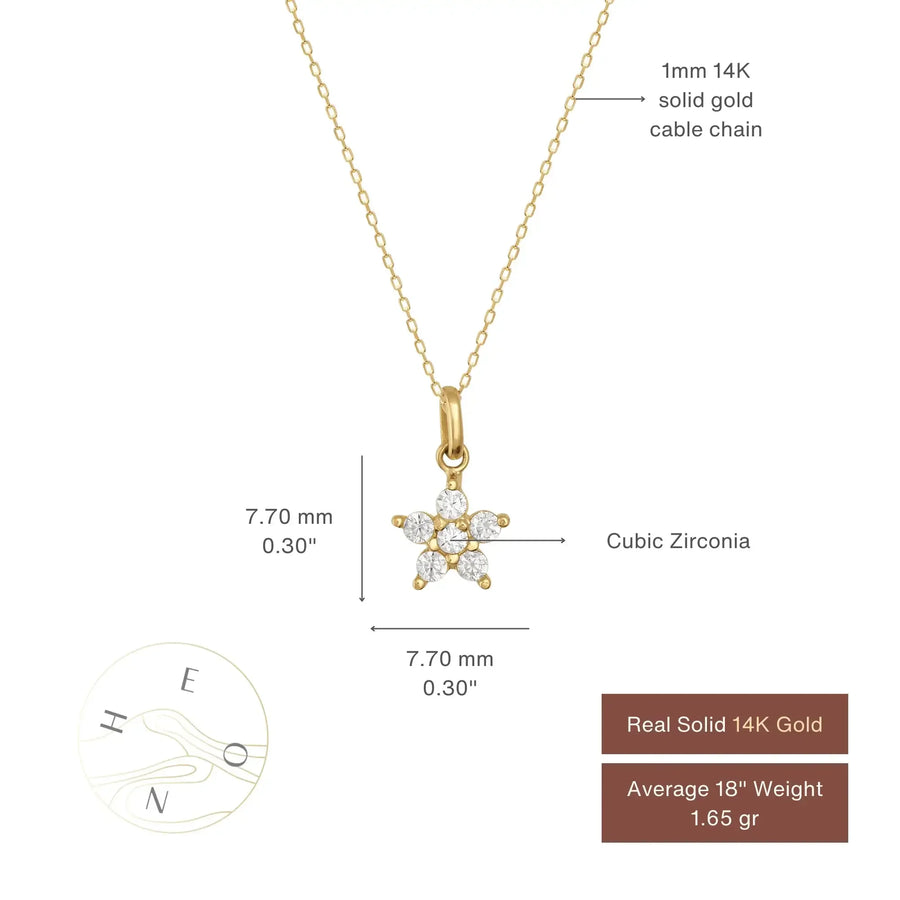 Tabella delle misure della collana con ciondolo fiore a stella con zirconi in oro 14kt: ciondolo da 7,70 x 7,70 mm su catena forzatina da 1 mm