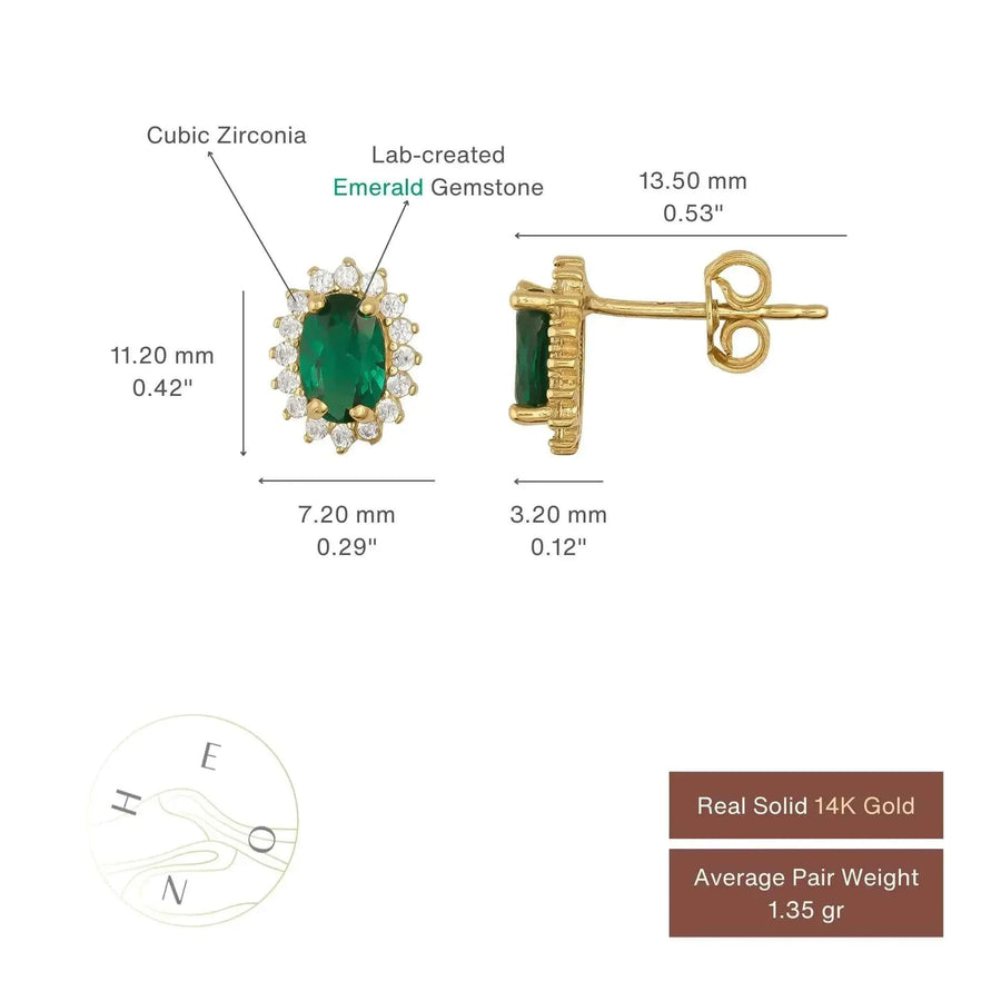 Tableau des tailles des puces d'oreilles halo émeraude de synthèse en or jaune 14 carats : face de 11,20 mm sur 7,20 mm