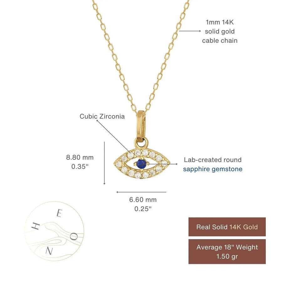 Tabella misure della collana occhio turco in oro 14kt con zaffiro blu creato in laboratorio e zirconi: ciondolo 8,80 x 6,60 mm