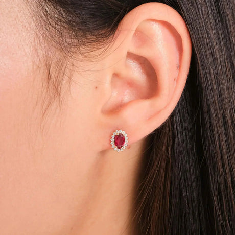 Ruby Halo Stud Earrings – July Birthstone - Lab-Created Red Gemstone & Cubic Zirconia