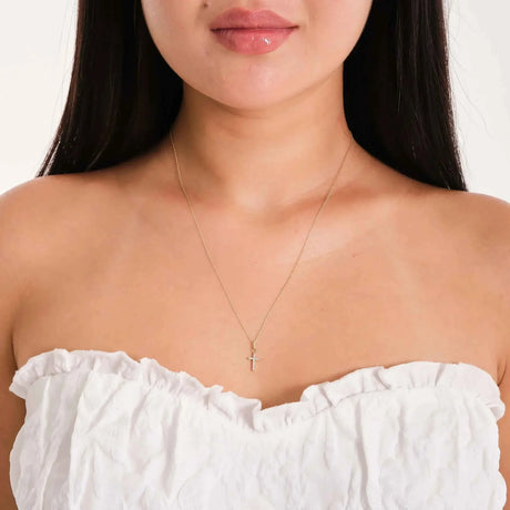 Minimalist Cross Necklace – Dainty Gold Faith Pendant with CZ Stones