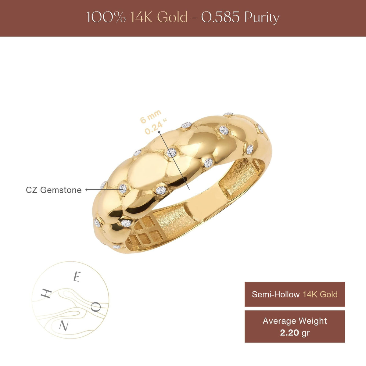 Infographic of 14K yellow gold bubble dome ring labeling the CZ stones, 6 mm width and 2.20 gr average weight