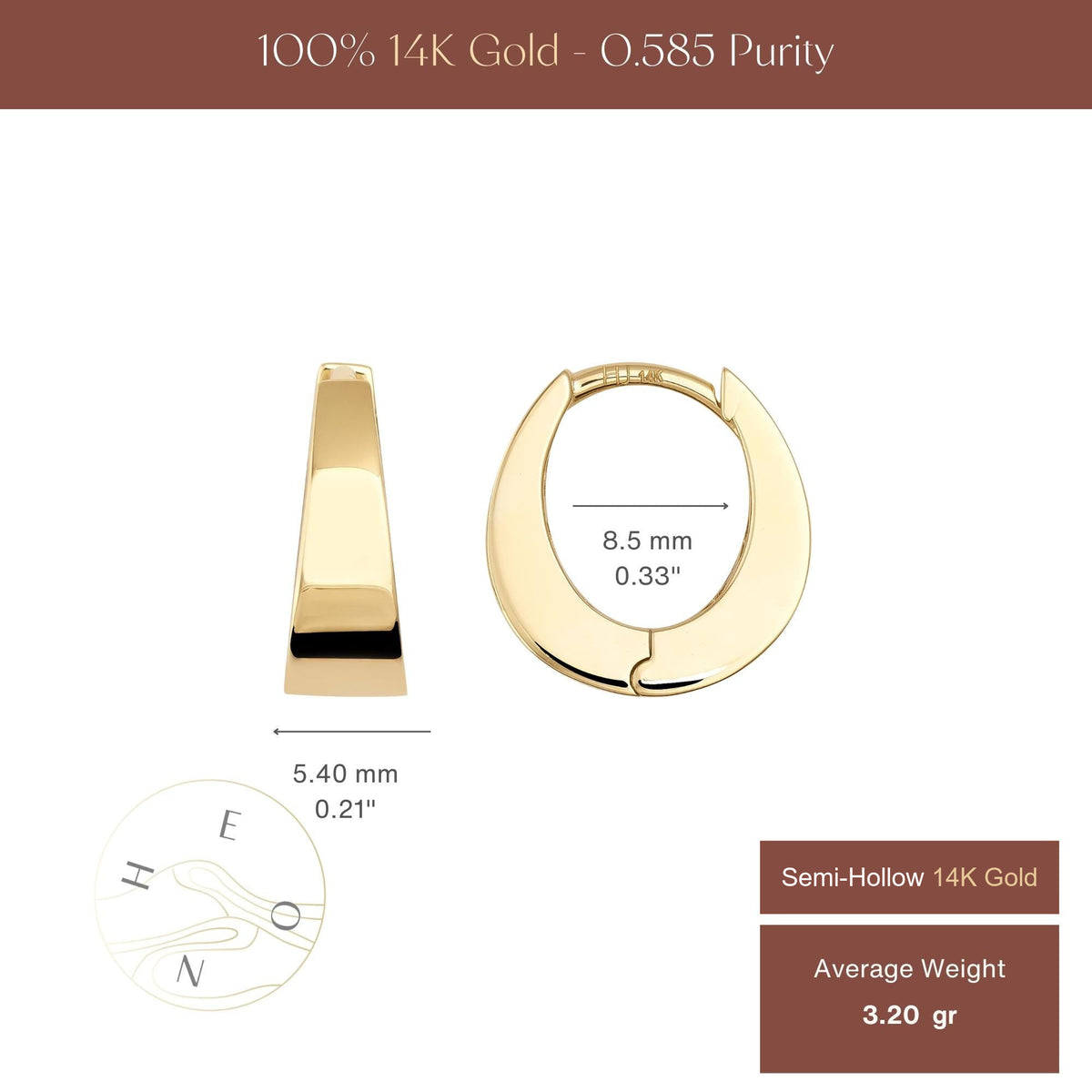 Size chart of 14K yellow gold chunky hinged hoop earrings, 5.40 mm wide with 8.5 mm inner width