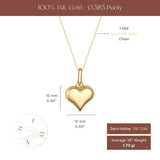 Size chart of 14K yellow gold puffed heart necklace, 10 mm by 10 mm on 1mm chain