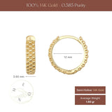 Dotted hoop earrings size chart, 12 mm diameter, 3.60 mm width, 1.80 gr average weight