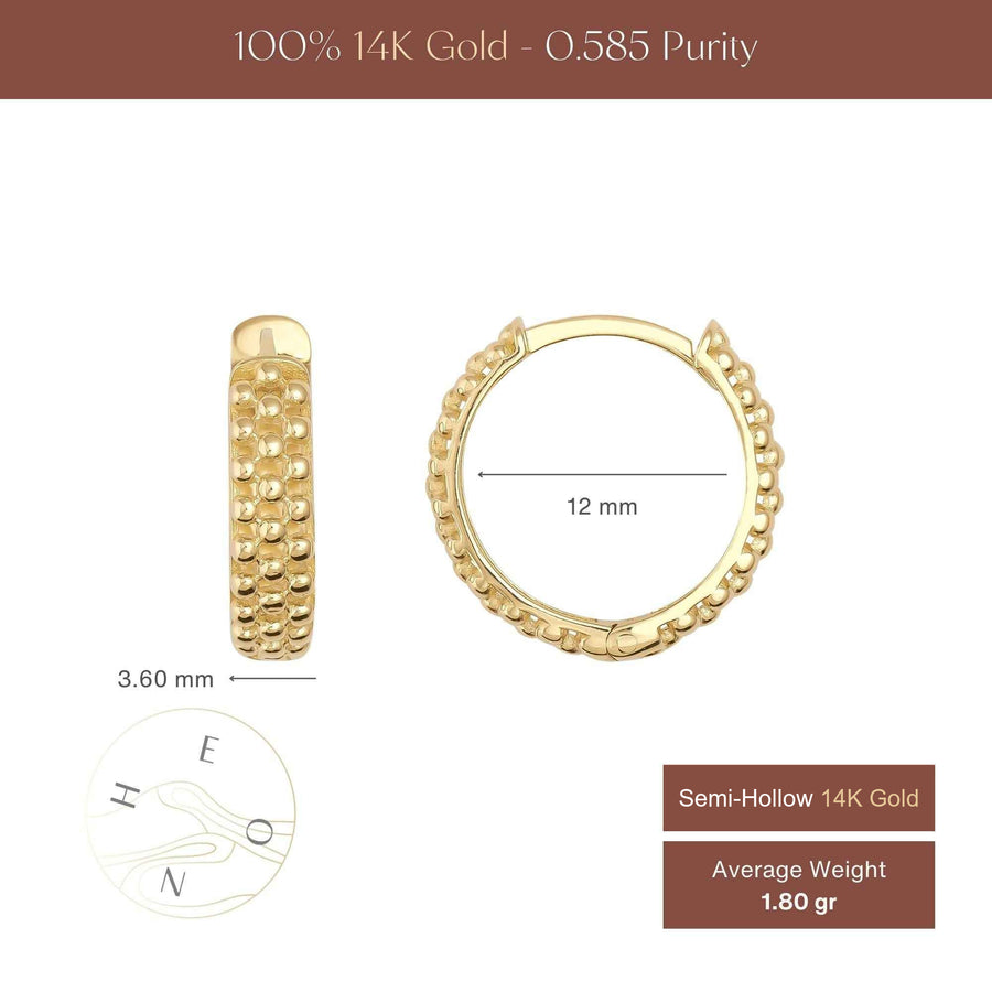 Dotted hoop earrings size chart, 12 mm diameter, 3.60 mm width, 1.80 gr average weight