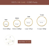 Endless hoop earrings size chart: 10, 15, 20 and 25 mm, 0.60, 0.85, 1.15 and 1.30 gr average weight