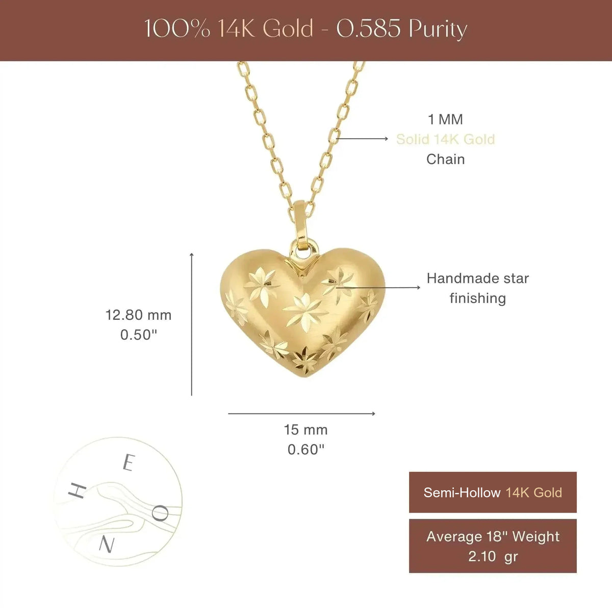 Size chart of 14K yellow gold star-engraved puffed heart necklace, 12.80 mm by 15 mm on 1mm chain
