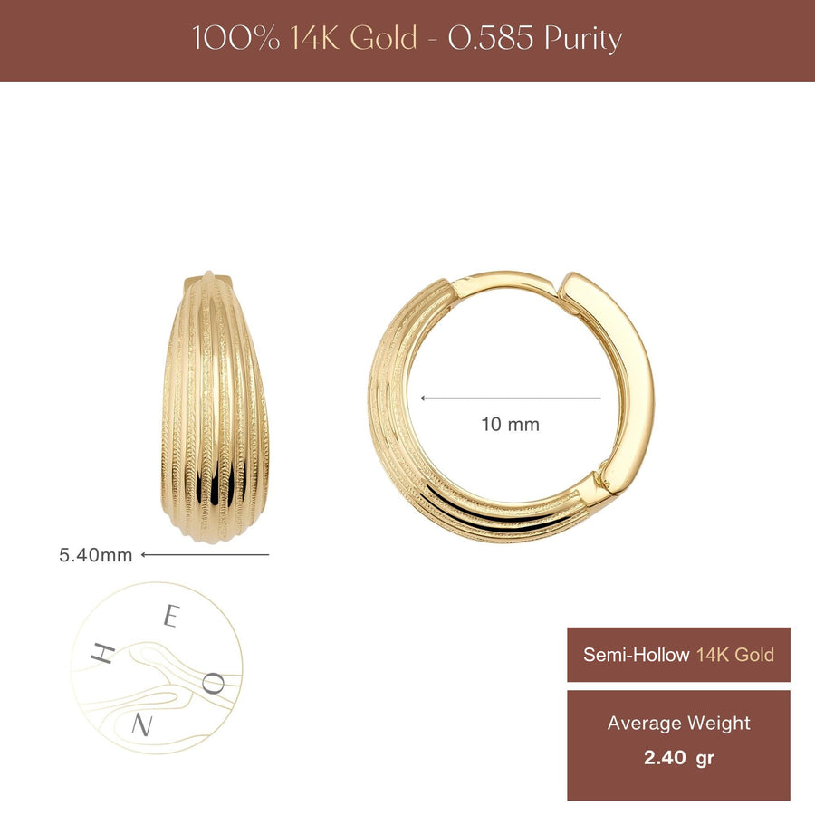 Fluted hoop earrings size chart, 10 mm inner diameter, 5.40 mm width, 2.40 gr average weight