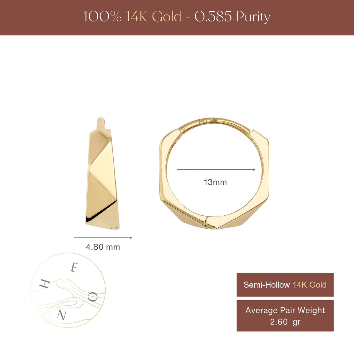 Faceted hexagon hoop earrings size chart, 13 mm inner diameter, 4.80 mm width, 2.60 gr pair weight