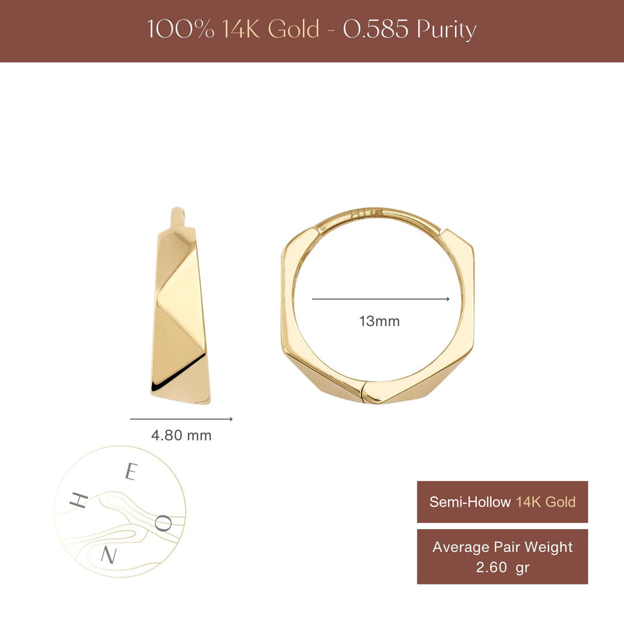 Faceted hexagon hoop earrings size chart, 13 mm inner diameter, 4.80 mm width, 2.60 gr pair weight