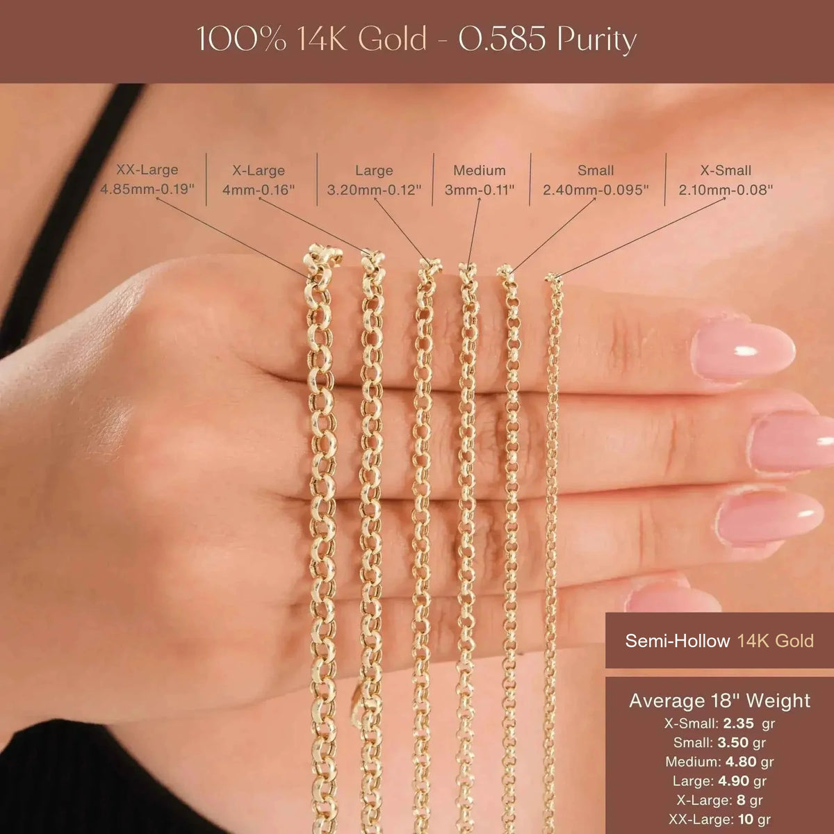 Size chart of 14K yellow gold rolo chain necklace widths from X-Small to XX-Large on hand