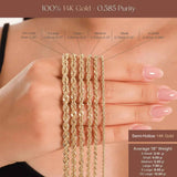 Size chart of 14K yellow gold rope chain necklace widths X-Small to XX-Large shown on hand