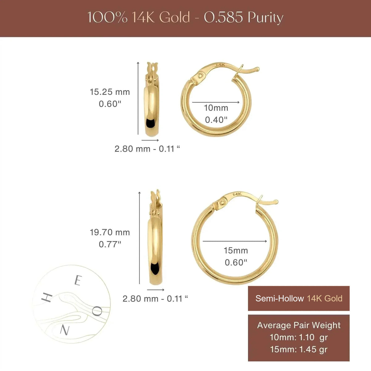Size chart of 14K yellow gold small classic hoop earrings in 10mm and 15mm, 2.80 mm thick