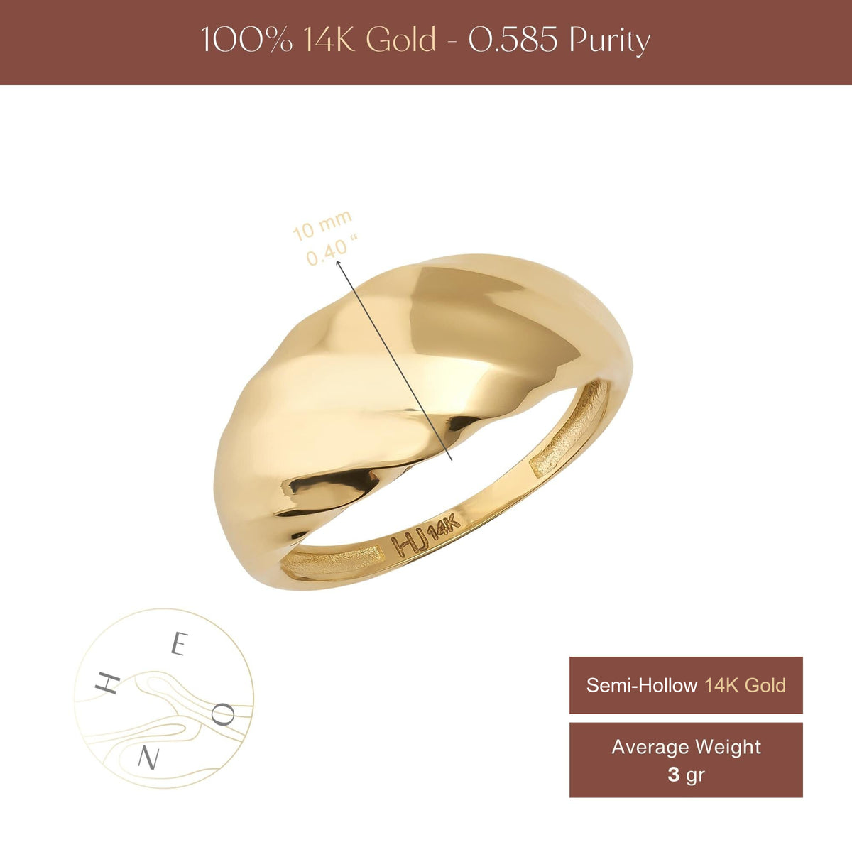 Infographic of 14K yellow gold swirl dome ring with 10 mm top width and 3 gr average weight