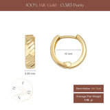 Textured huggie hoop earrings size chart, 10 mm diameter, 3.60 mm width, 1.10 gr pair weight