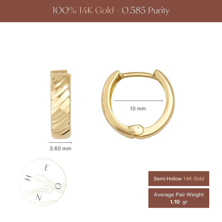 Textured huggie hoop earrings size chart, 10 mm diameter, 3.60 mm width, 1.10 gr pair weight