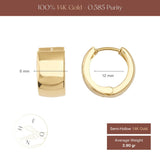 Size chart of 14K yellow gold thick huggie hoop earrings showing 6 mm width, 12 mm hoop and 2.90 gr weight
